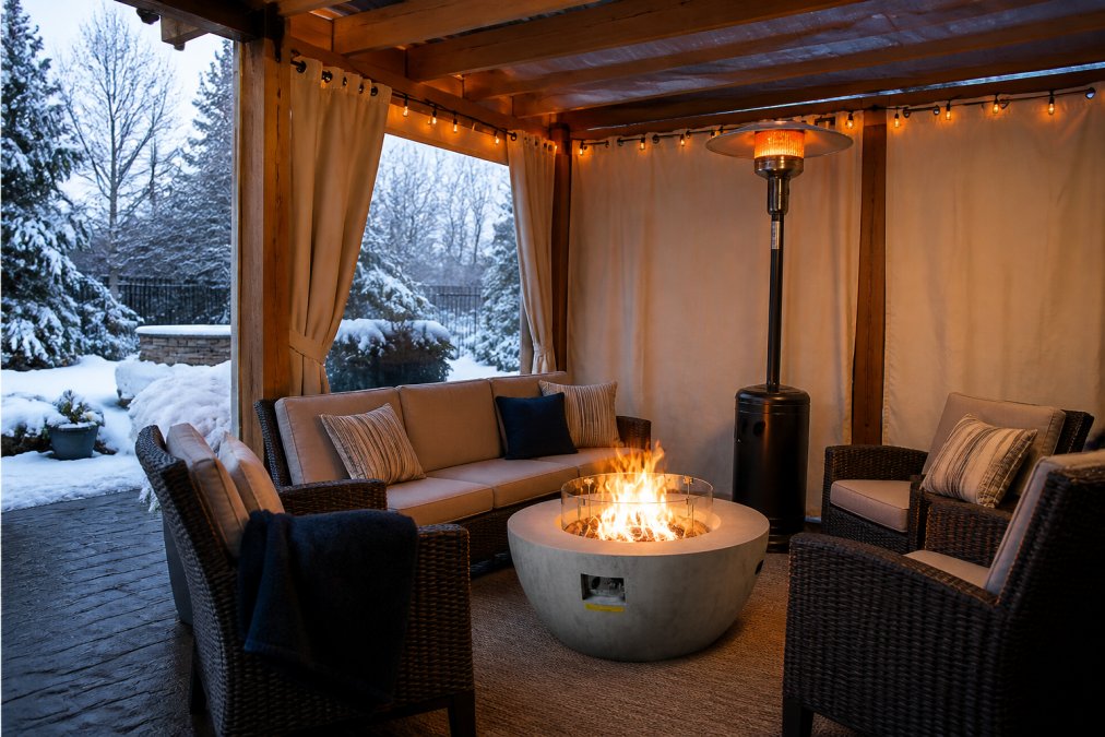 A wooden pergola with retractable canvas side curtains on a winter patio, fresh snow visible on the ground just outside the structure, with a tall patio heater glowing warm orange inside and cushioned seating arranged around a small fire table