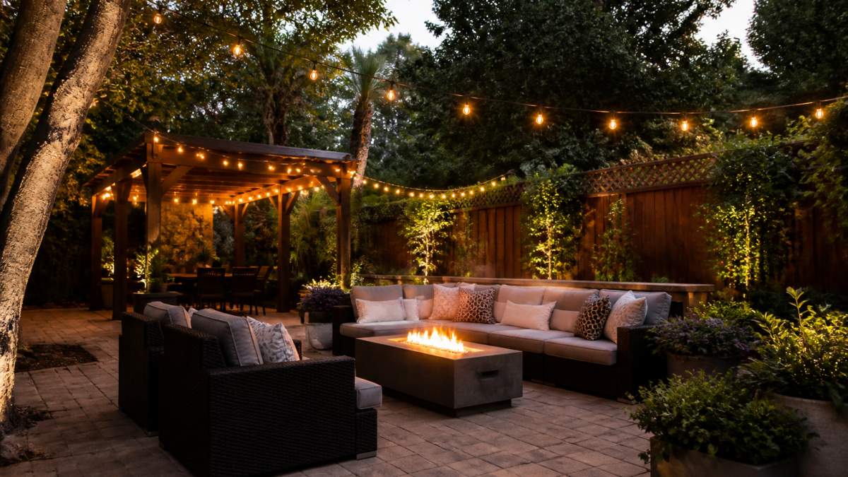 A cozy outdoor living area with comfortable seating, string lights, and potted plants in a residential backyard setting