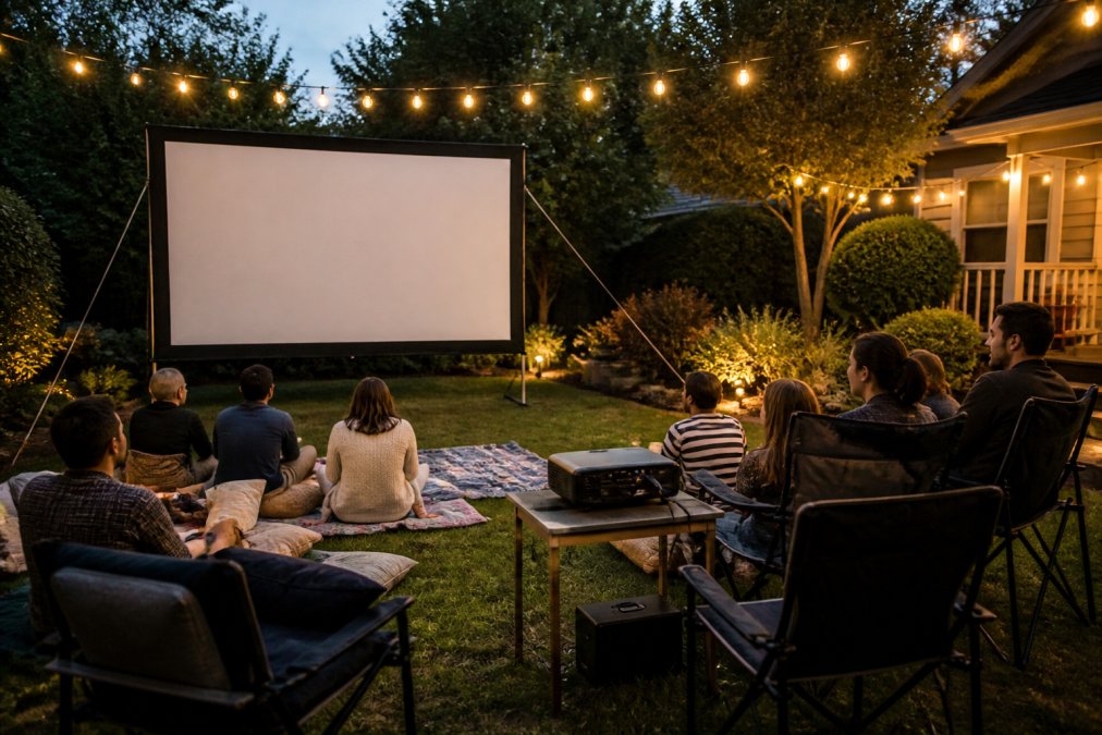 A backyard at dusk with a large white projection screen set up on the lawn, people gathering with blankets and chairs, string lights overhead, and a projector on a small table