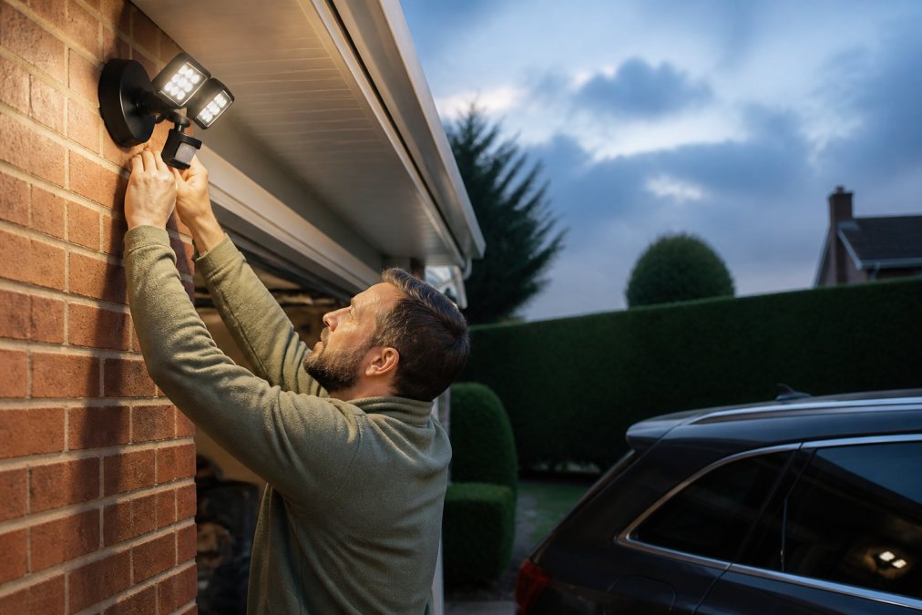 A homeowner on a driveway at dusk adjusting the angle of a black LED motion sensor floodlight mounted on a brick garage wall, with a car and hedges in the background
