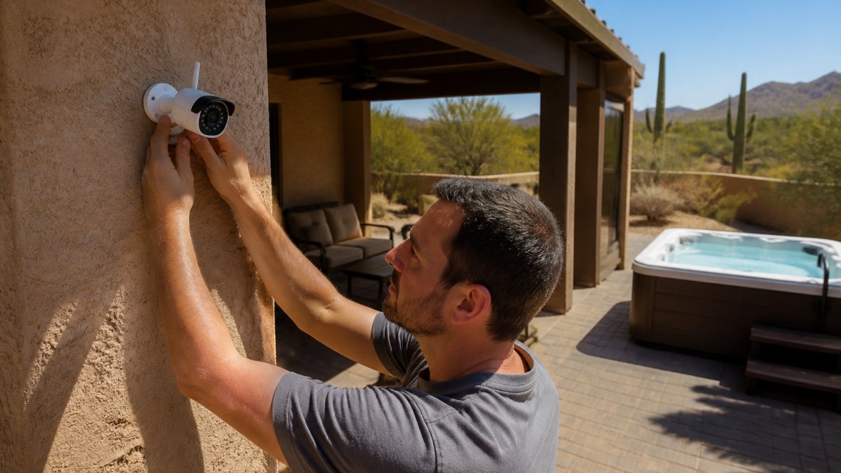 A homeowner in casual clothes mounting a weatherproof smart security camera on the exterior wall of a desert-style home, with a covered patio and hot tub visible in the background