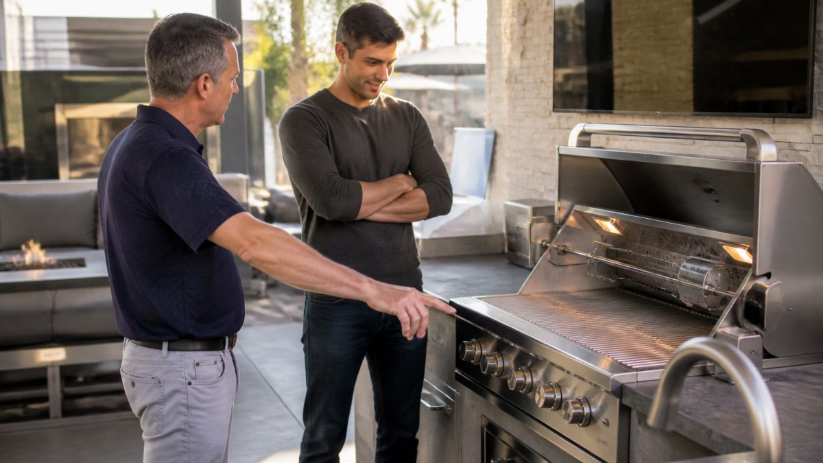 A close-up of a 3D outdoor kitchen rendering on a monitor, with dimension callouts and a model number visible next to a physical stainless steel grill on the showroom floor