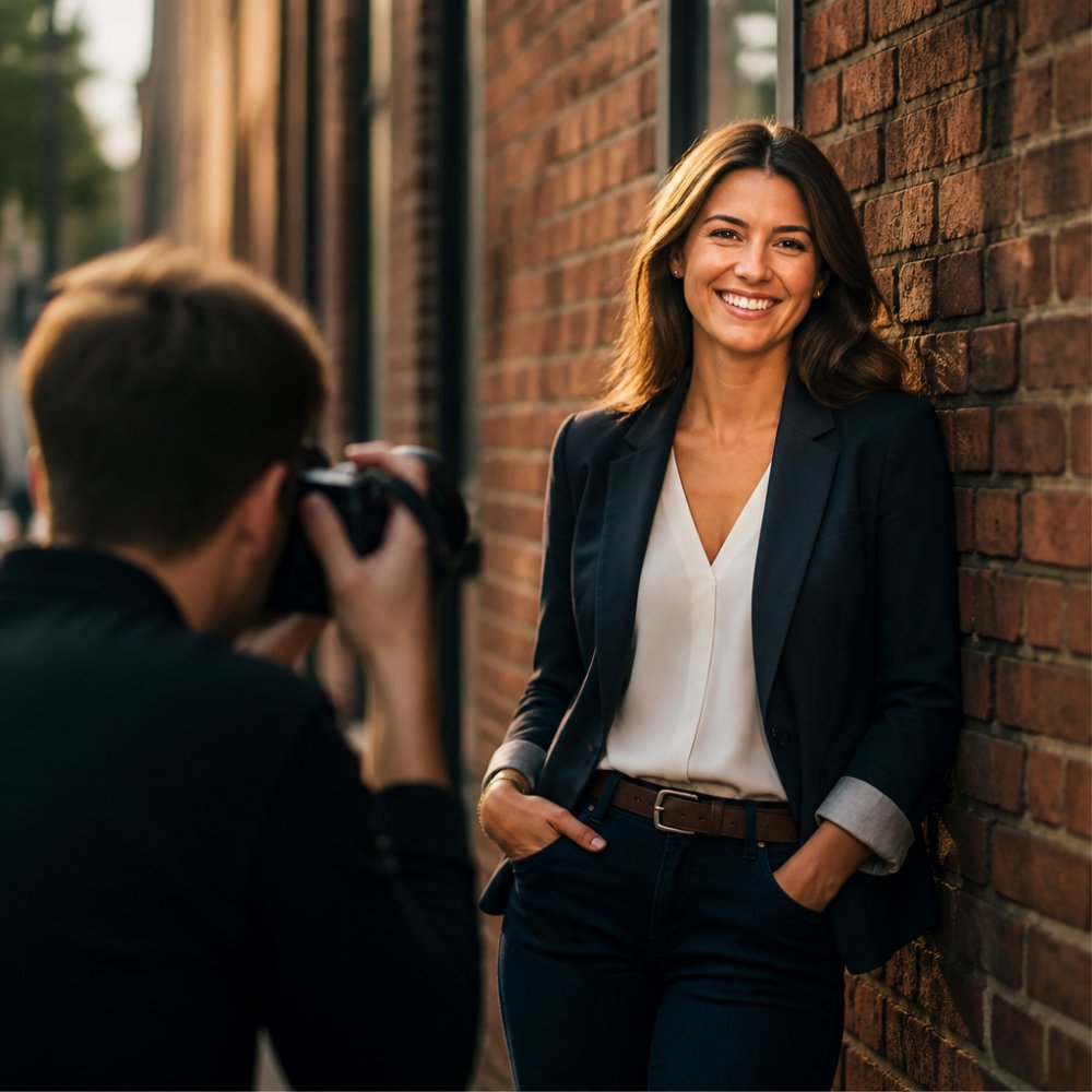 A professional woman in smart-casual attire standing against a softly blurred urban brick wall, smiling naturally in warm daylight, shallow depth of field