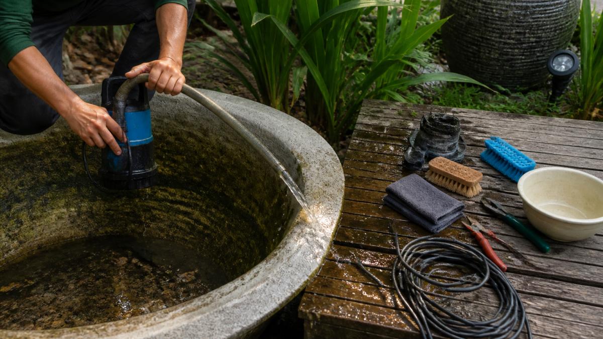 Hands draining a stone fountain basin with a submersible pump during water feature pump maintenance.