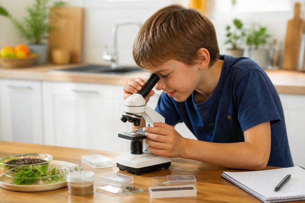 Un enfant de 8 ans explorant des objets microscopiques avec le DiscoveryScope™ dans une cuisine lumineuse, concentré et enthousiaste