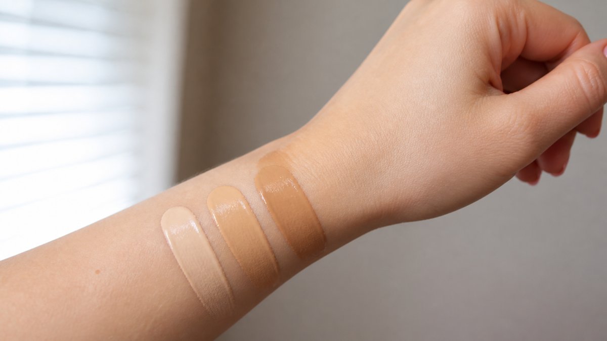 Close-up of a woman's hand and forearm with three foundation swatches in fair, light, and medium shades, natural window light, soft neutral background, showing the radiant glow and blendability of the silk serum foundation