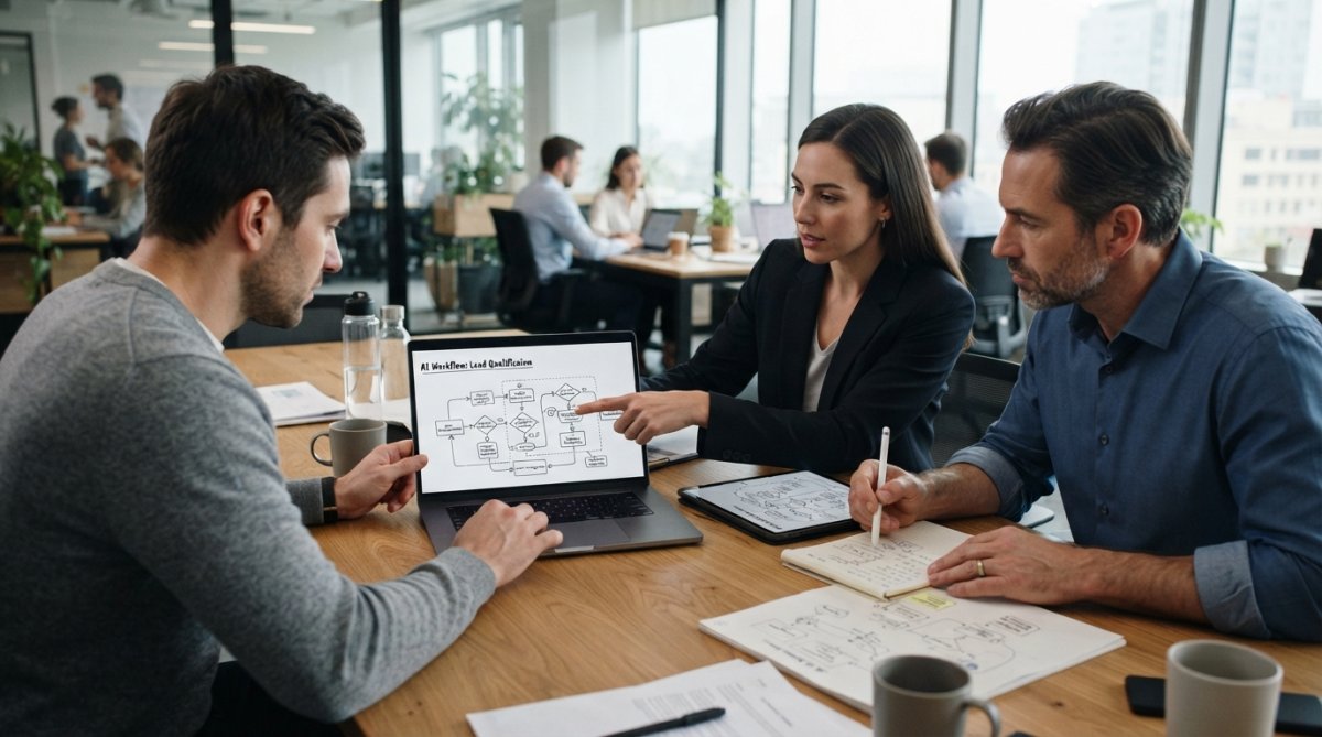 Business team reviewing AI automation workflow on laptop and tablet in modern office, pointing at screen with notes and documentation