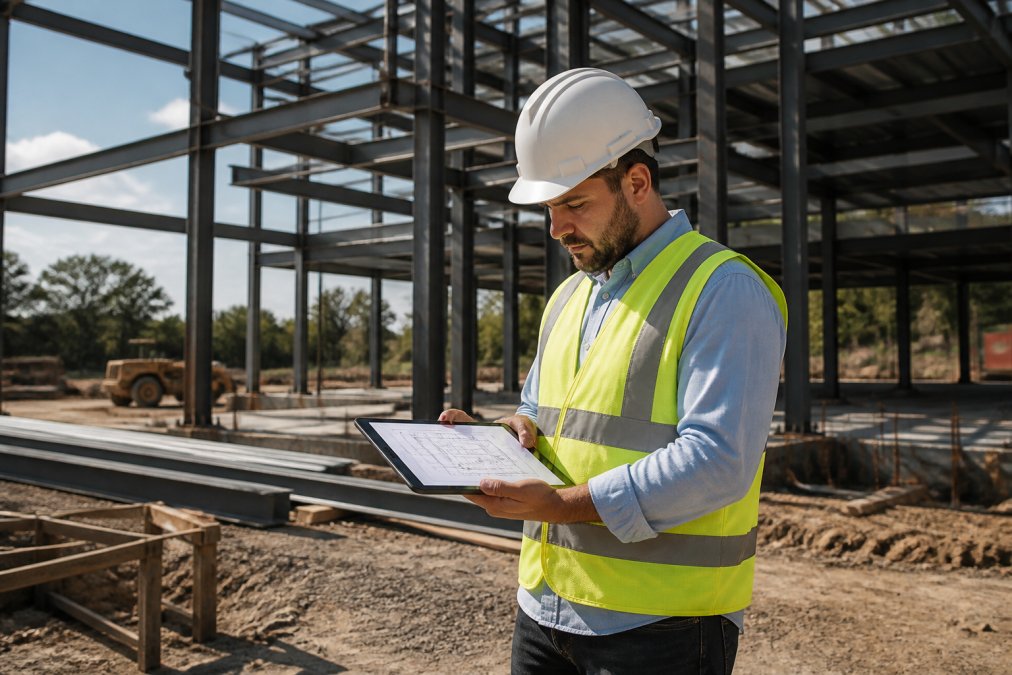A contractor in a hard hat and safety vest reviewing blueprints on a tablet at a construction site, natural daylight, steel framework in the background