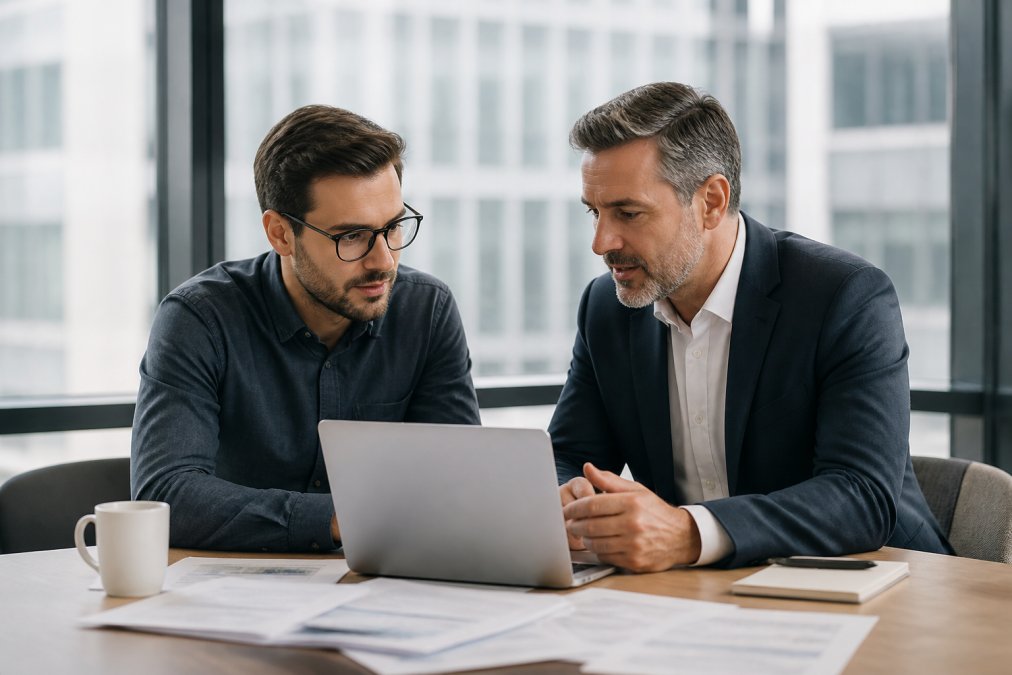 A startup founder and an accountant reviewing financial statements together on a laptop in a bright modern office with large windows