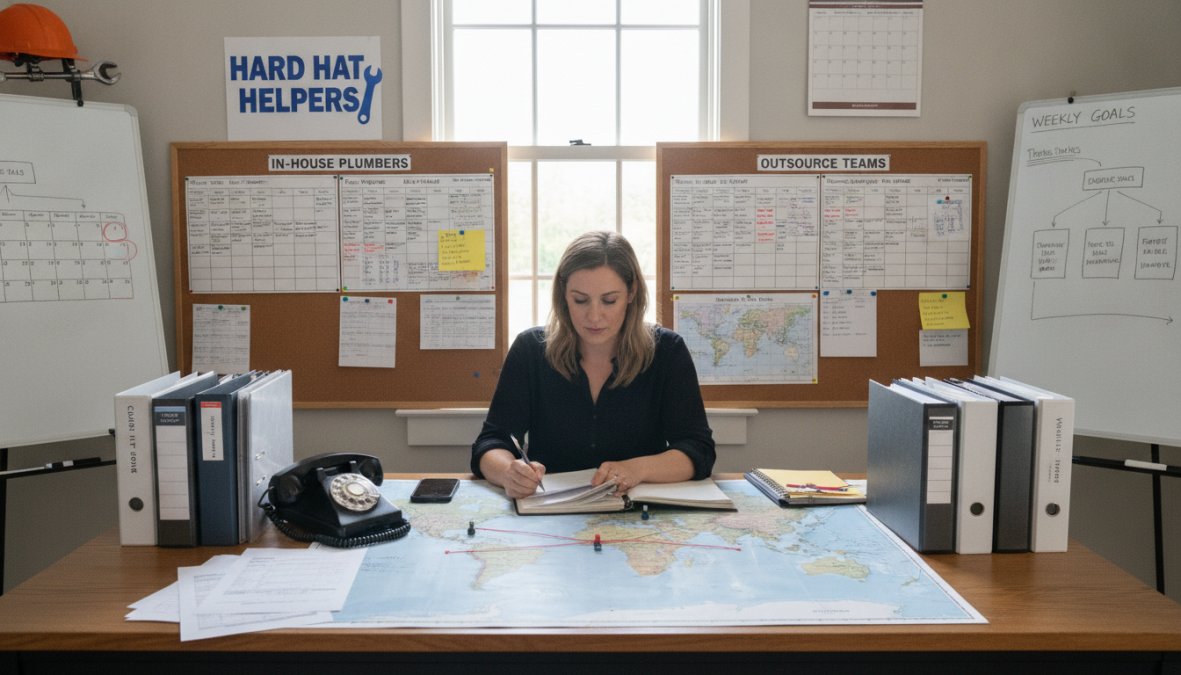 Professional dispatcher working at desk with multiple monitors displaying job assignments, customer information, and real-time technician locations in a modern home services office environment