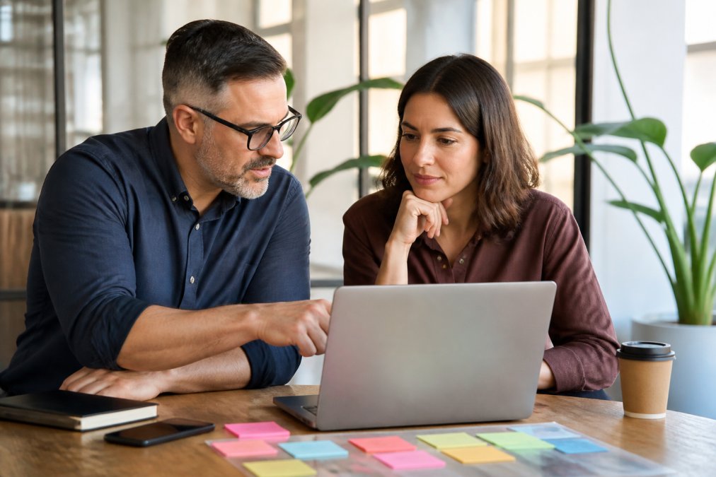 A marketing manager and agency account lead reviewing analytics dashboards together on a laptop in a bright modern office, sticky notes with content ideas visible on the desk