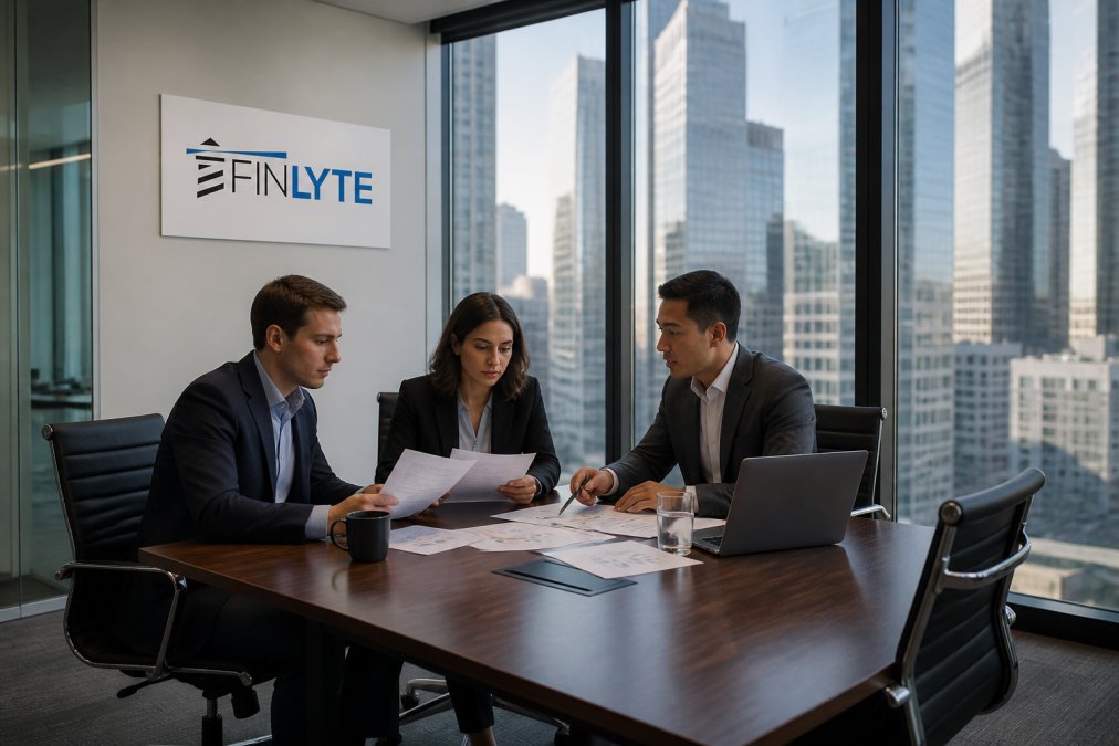 A private equity finance team reviewing fund performance documents and a laptop in a glass-walled conference room, city skyline visible through the windows