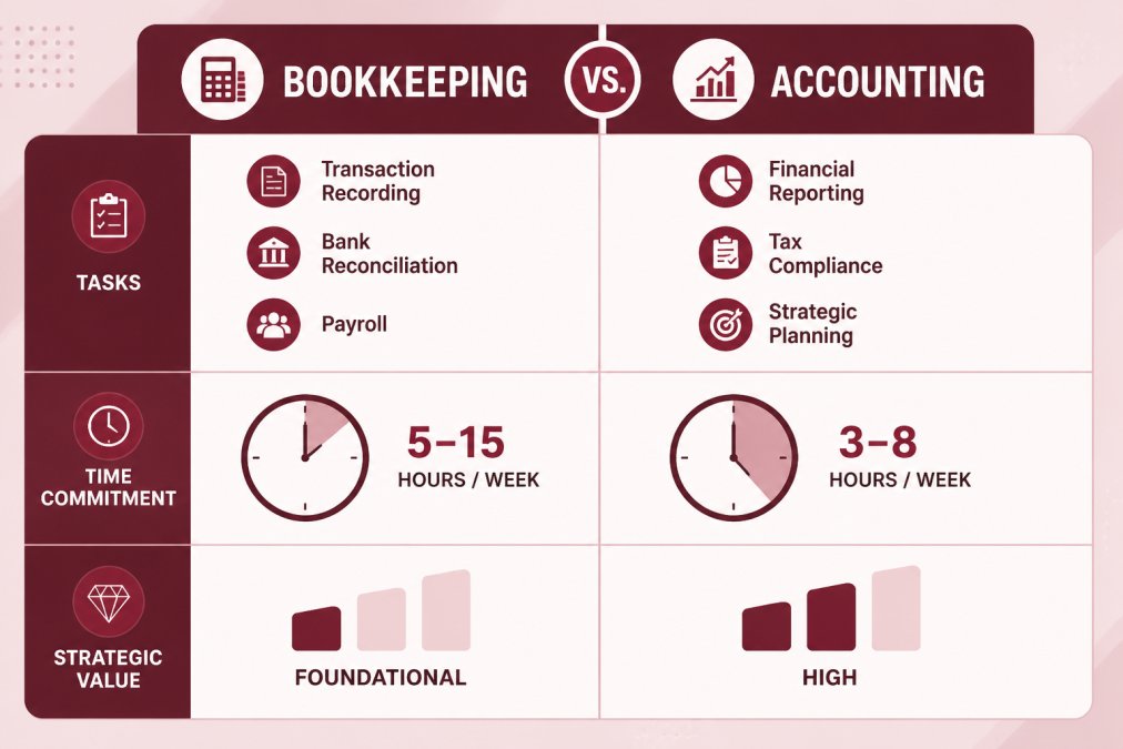 Comparison matrix showing bookkeeping vs. accounting: bookkeeping tasks (transaction recording, bank reconciliation, payroll), accounting tasks (financial reporting, tax compliance, strategic planning), typical time commitment, and strategic value for each