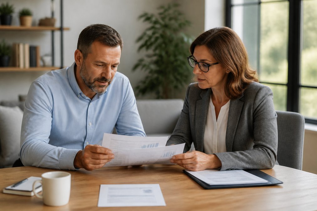 Business owner and accountant reviewing financial reports for outsourced accounting services in a bright office.