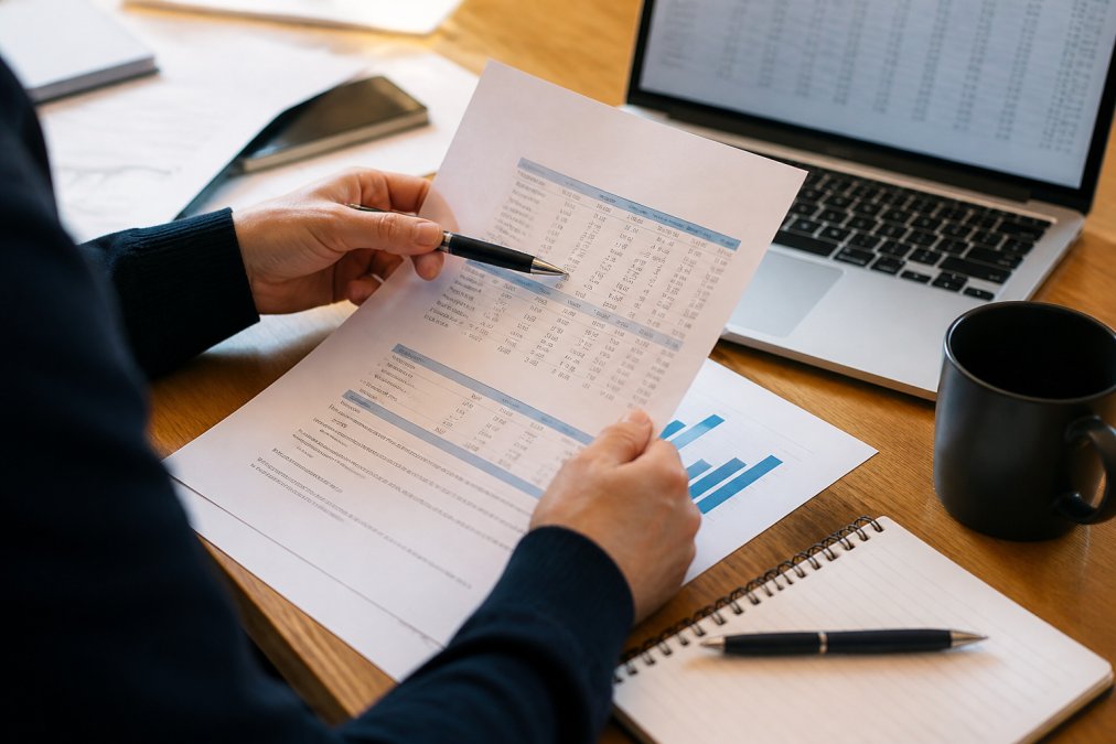 Hands pointing at a management accounts report while using outsourced accounting services to analyse monthly business data.