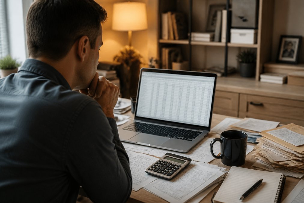 A small business owner at a cluttered desk reviewing a laptop screen showing a spreadsheet next to a calculator, coffee mug, and a stack of unopened envelopes, warm home-office lighting
