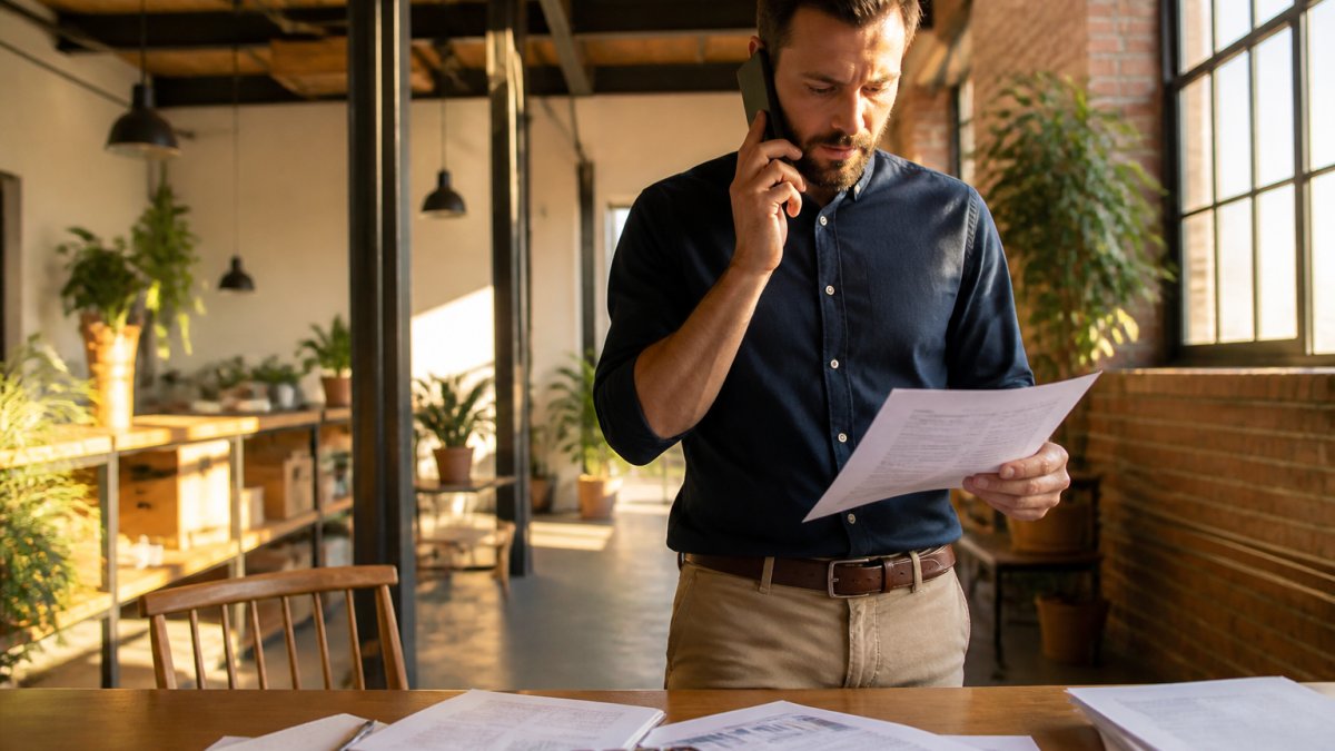 A small business owner reviewing financial documents at a desk with a calculator and laptop, comparing printed reports in a bright home office