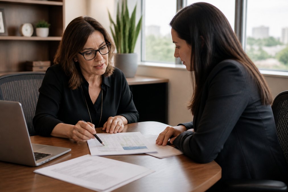 Practice manager reviewing transition timeline and implementation checklist with a billing partner representative at a desk with documents and laptop, natural office lighting