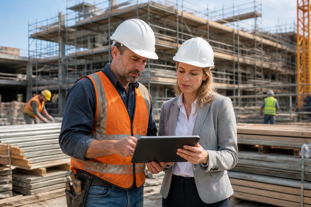 A construction project manager and an accountant reviewing financial documents on a tablet at a busy job site, with workers and scaffolding in the background