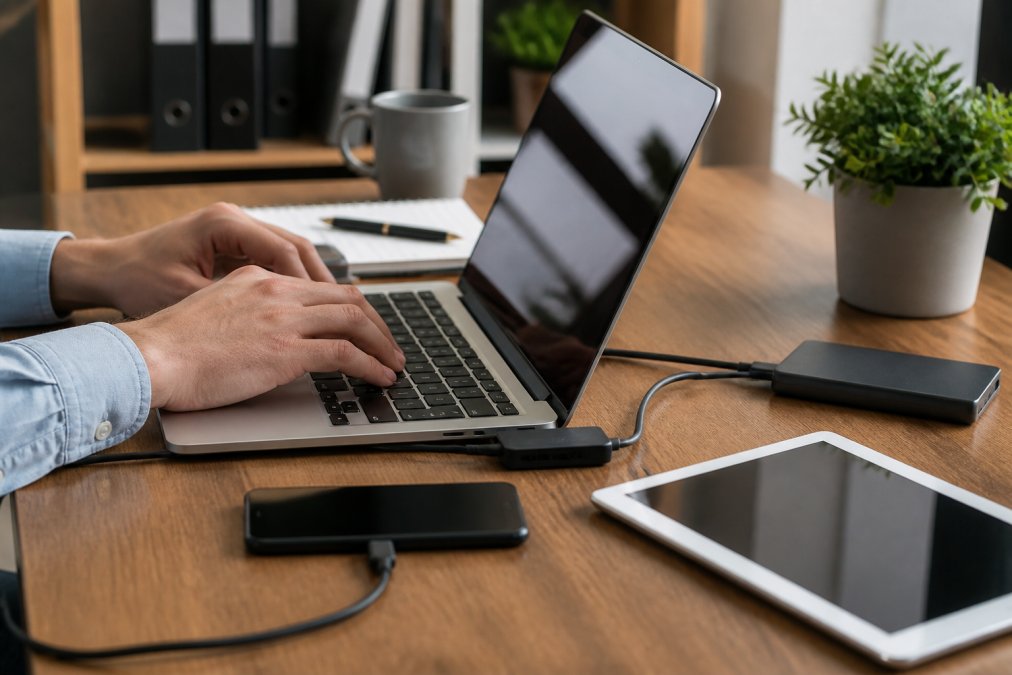 Close-up of hands typing on a laptop with a secure lock icon visible on the screen, representing data security and financial information protection, in a modern office setting with soft lighting