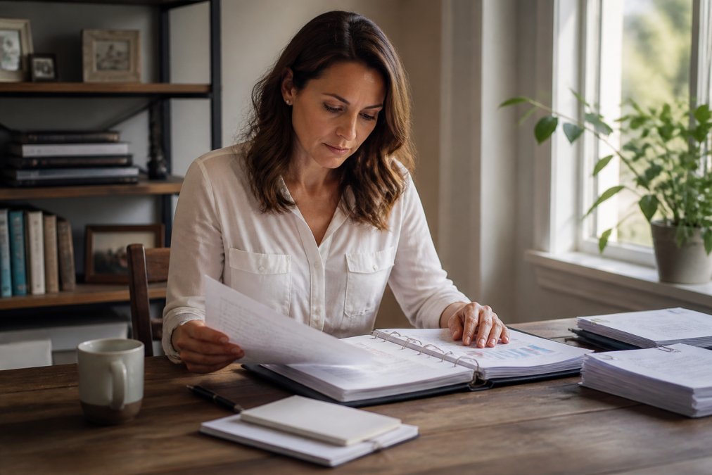 Small business owner reviewing financial reports while weighing outsourced bookkeeping vs hiring in house options
