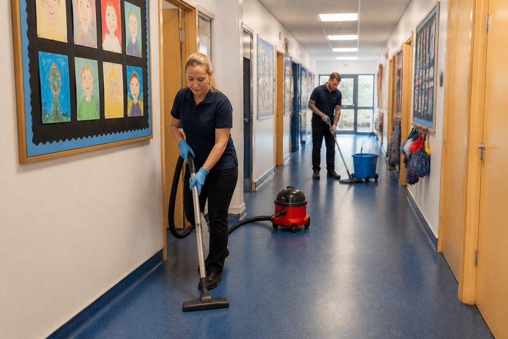 Professional cleaning team in uniform working efficiently in a bright primary school corridor with children's artwork on walls, organised and focused