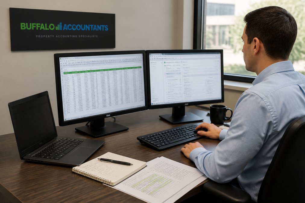 Outsourced controller reviewing property financial dashboards on dual monitors in a modern office workspace