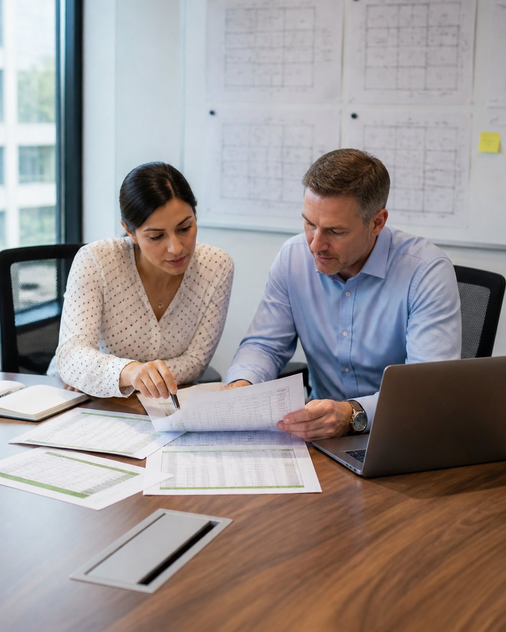 Operations professionals comparing outsourced facilities management cost spreadsheets at a modern office desk