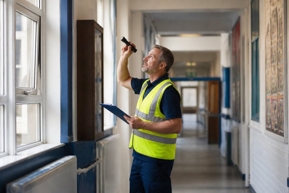 Professional caretaker in high-visibility uniform conducting routine maintenance inspection in school corridor with natural daylight from windows, demonstrating attentiveness to facility standards