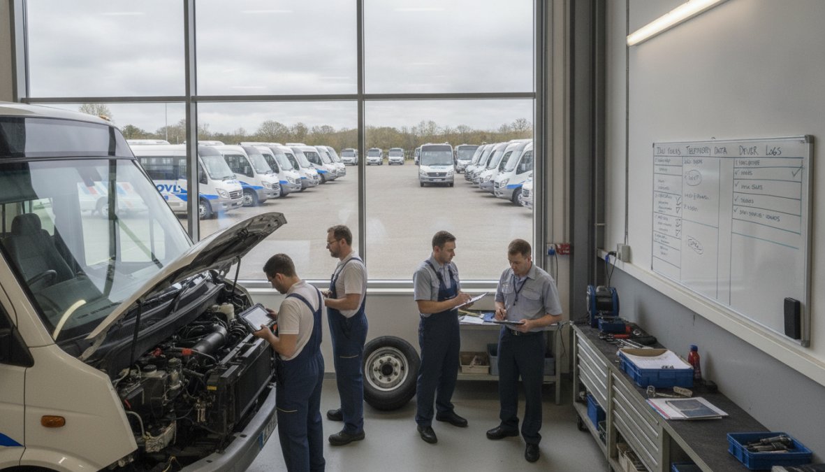 Fleet manager reviewing vehicle telematics data on a computer screen in a modern office environment, with multiple minibuses visible through the window