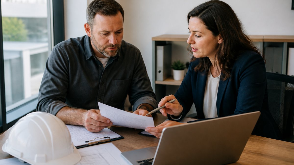 Small business owner reviewing paperwork at a desk with an HR consultant, laptop open showing payroll software, construction hard hat and blueprints on the table, bright natural office light