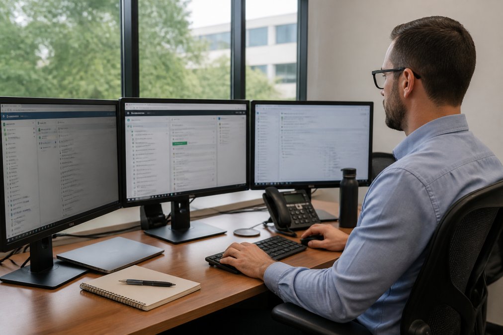 Outsourced IT Department vs Internal Staff: 2026 Guide 1 IT professional in business casual attire sitting at a desk with three monitors displaying system dashboards and network management tools in a modern corporate office with natural window lighting