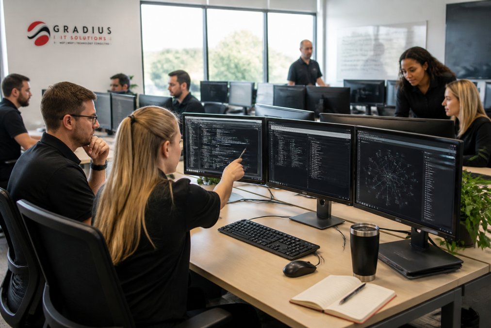 IT team collaborating on system dashboards to support outsourced IT growing businesses in a modern office