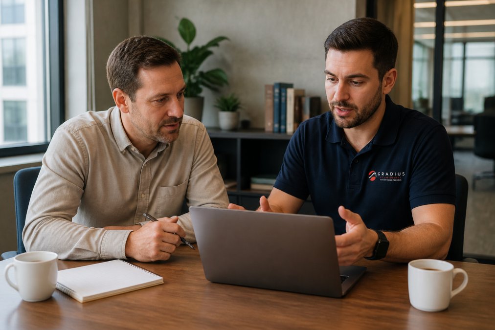 Outsourced IT Migration Checklist 2026: 7 Steps 1 A business owner and an IT consultant reviewing a project timeline on a laptop in a modern office, with a notepad and coffee cups on the table