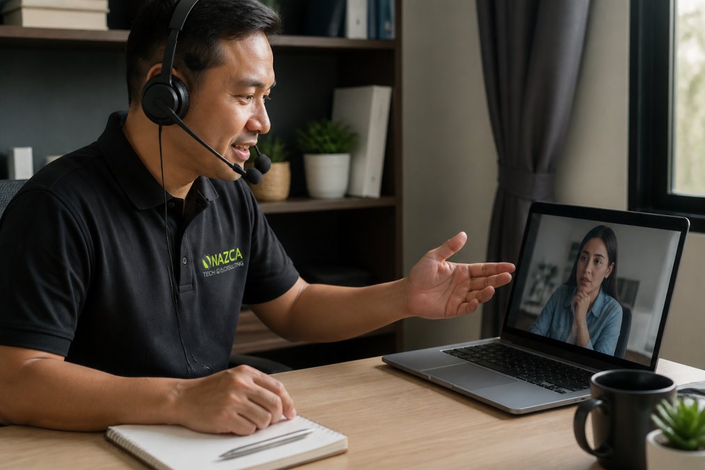 Professional IT support technician assisting a remote employee via video call on a laptop screen, showing collaborative troubleshooting in action with both parties focused on solving the technical issue