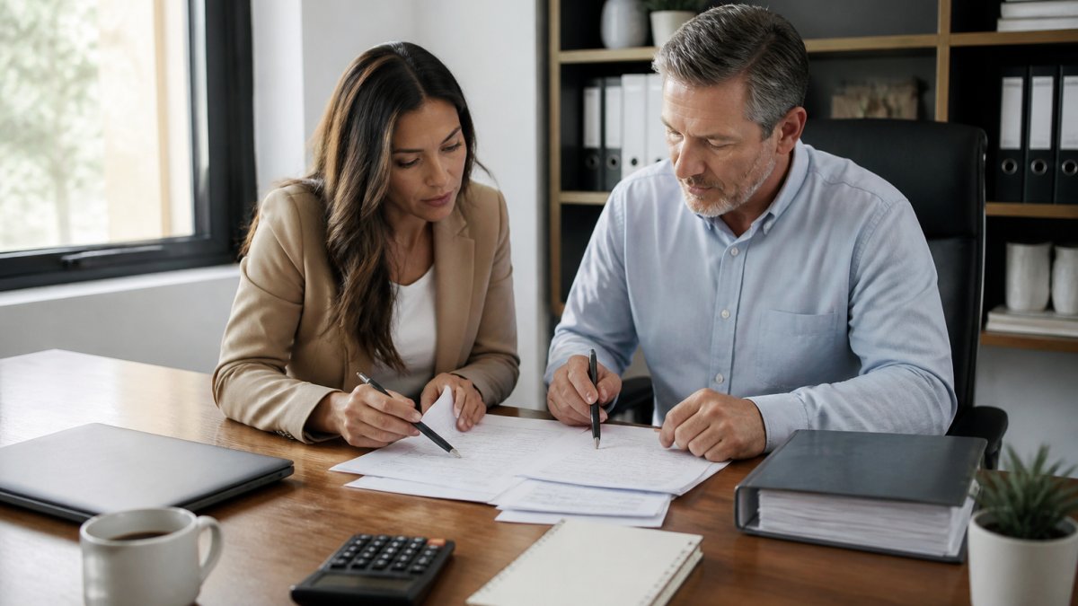 Small business owner meeting with financial advisor at desk reviewing payroll documents and financial records in professional office with natural lighting