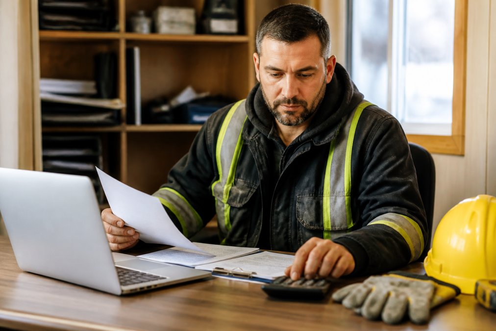 Contractor reviewing documents and a calculator for outsourced payroll at a desk with work gear nearby