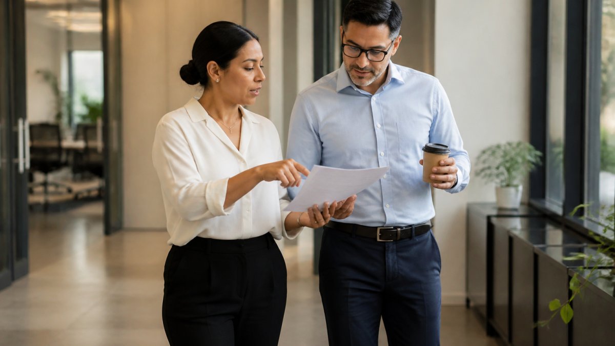 A small business owner and an accountant reviewing financial documents and a laptop at a wooden desk in a bright office, with a calculator and coffee cups nearby
