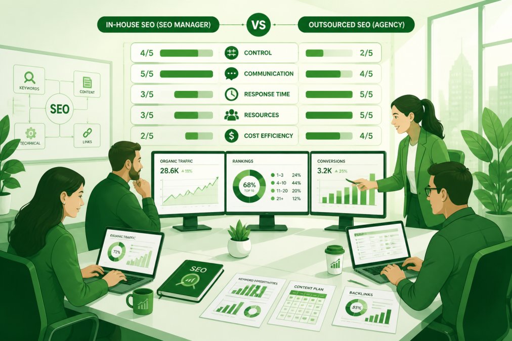 Marketing team in modern office collaborating on SEO strategy, reviewing analytics dashboards on multiple monitors with laptops and reports spread across a large conference table, natural daylight from windows