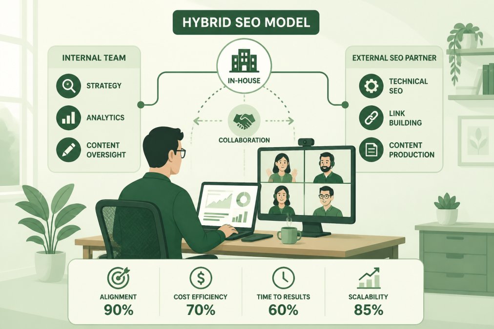 Professional working at ergonomic desk with laptop and coffee, video conferencing on monitor showing remote team members, representing flexible collaboration between internal and external SEO teams, modern home office with natural lighting