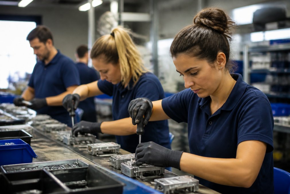 Operai specializzati concentrati su assemblaggio di componenti tecniche con strumenti di precisione in area di lavoro industriale ben illuminata