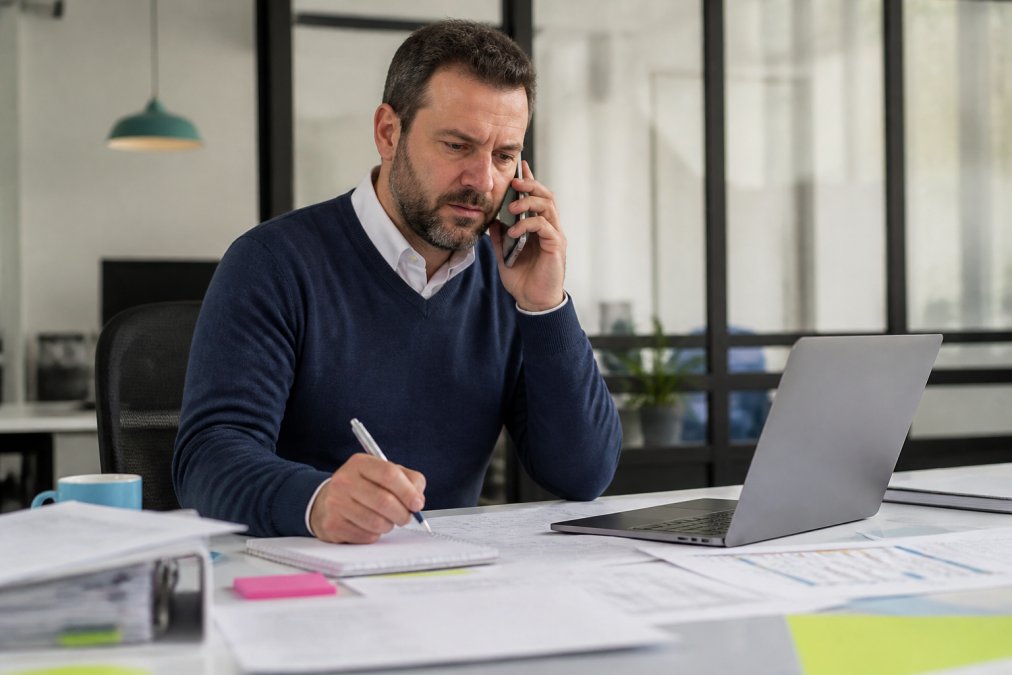 Professionista in ufficio al telefono con laptop aperto, circondato da documenti di pianificazione operativa e appunti sulla scrivania