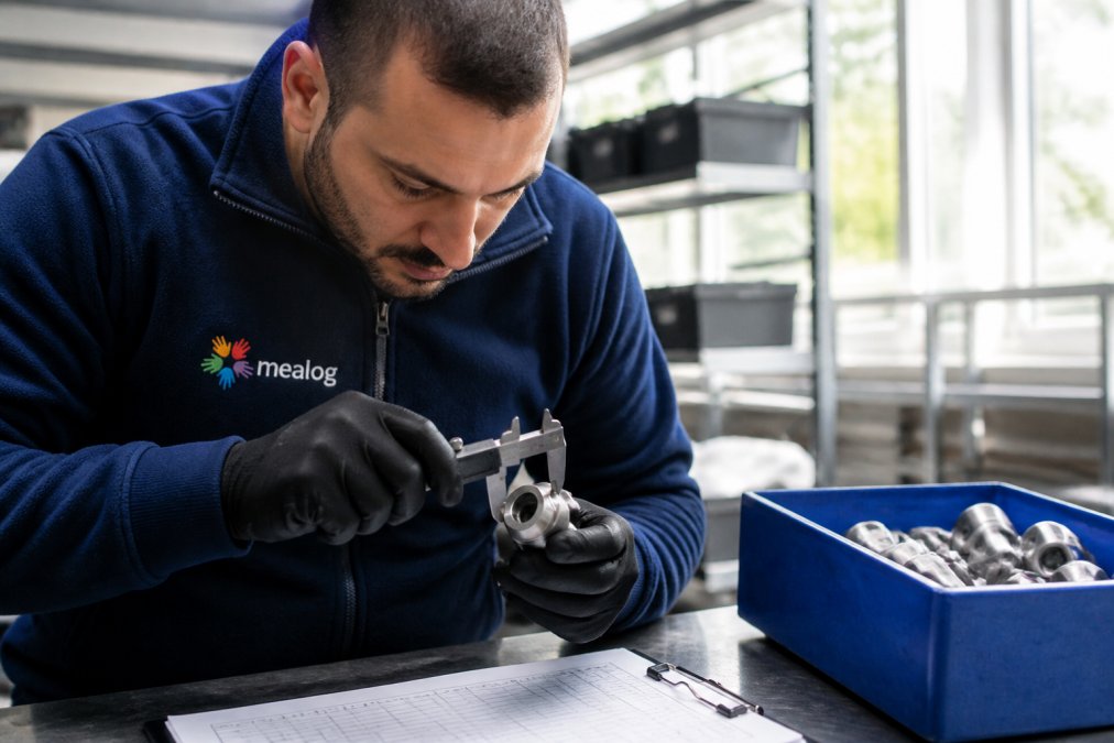 Operatore specializzato che effettua controllo qualità su componenti assemblati con strumenti di misurazione di precisione e checklist dettagliata in primo piano, in ambiente illuminato da luce naturale
