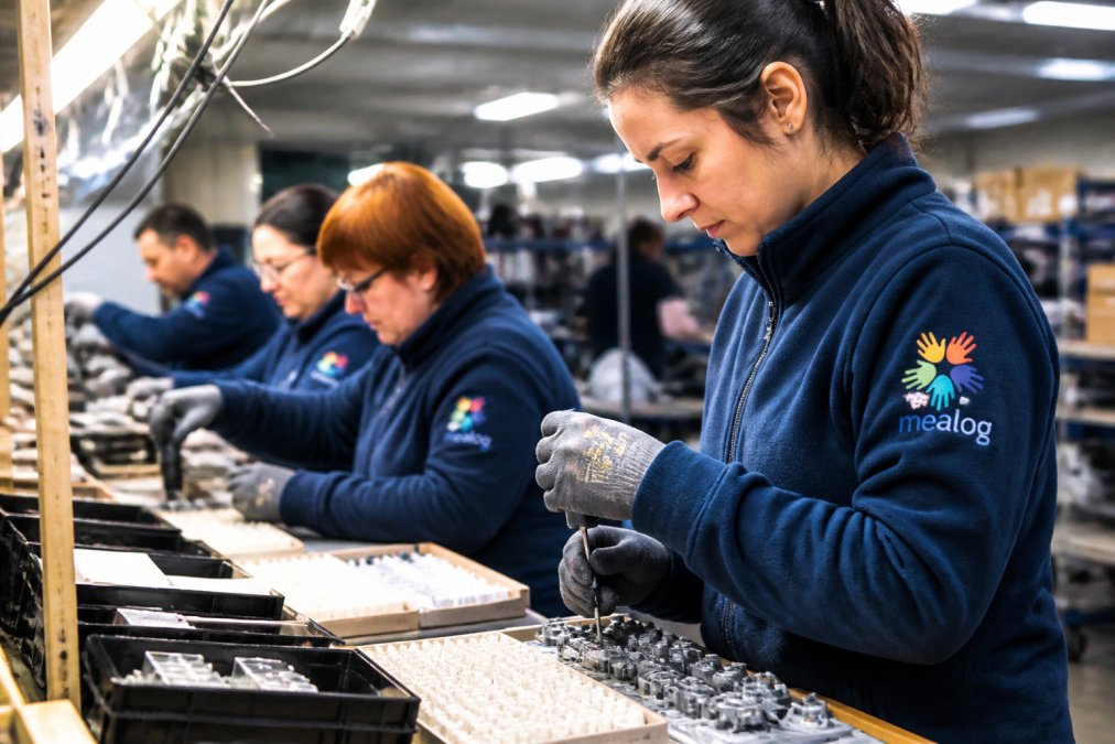 Team di operai professionali che lavorano insieme in un'area di assemblaggio ben organizzata con attenzione ai dettagli, con strumenti di lavoro ordinati e illuminazione industriale ottimale