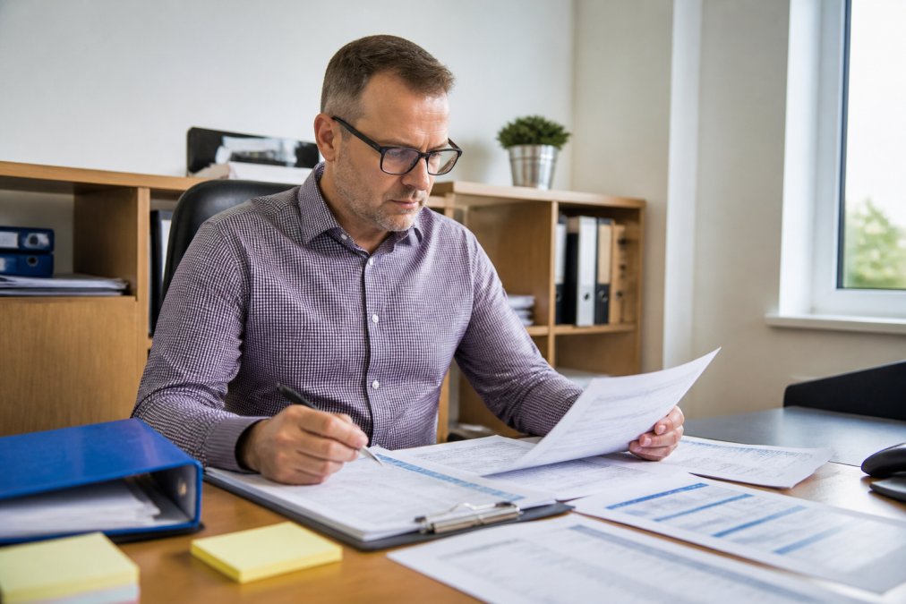 School bursar or facilities manager sitting at desk reviewing cleaning service proposals and checklists, with documents spread out and a pen in hand, natural office lighting