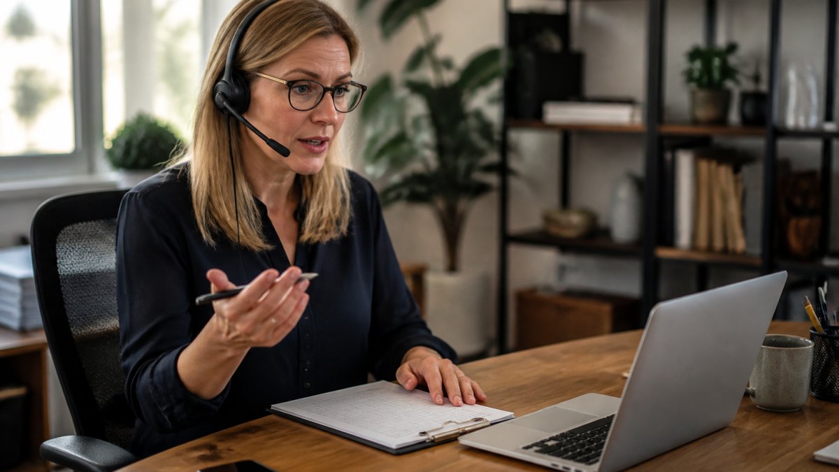 Office manager coordinating with a remote team while outsourcing customer service for plumbing companies