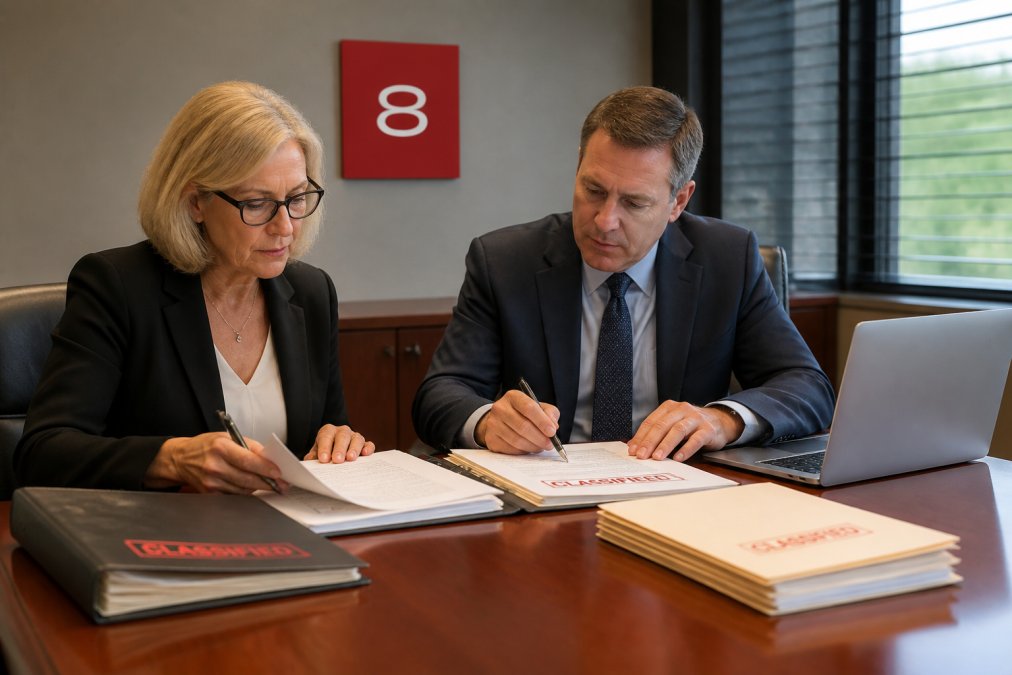 A senior compliance director and a procurement executive reviewing classified contract documents across a boardroom table, with a secure laptop and printed regulatory files visible