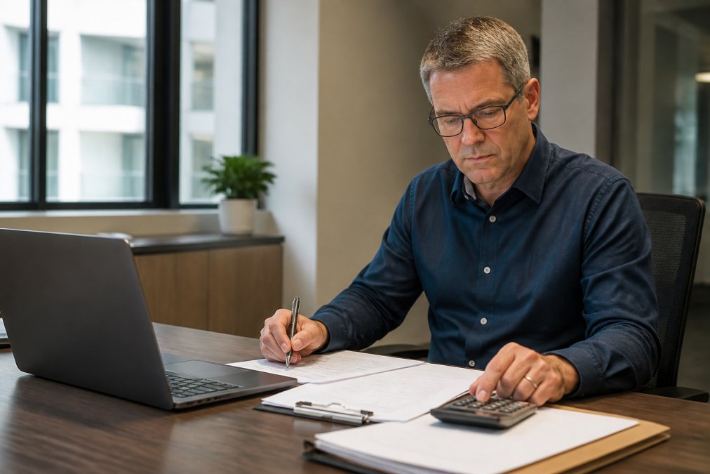 Facilities manager reviewing a facility maintenance budget spreadsheet on a laptop at a desk with a calculator.