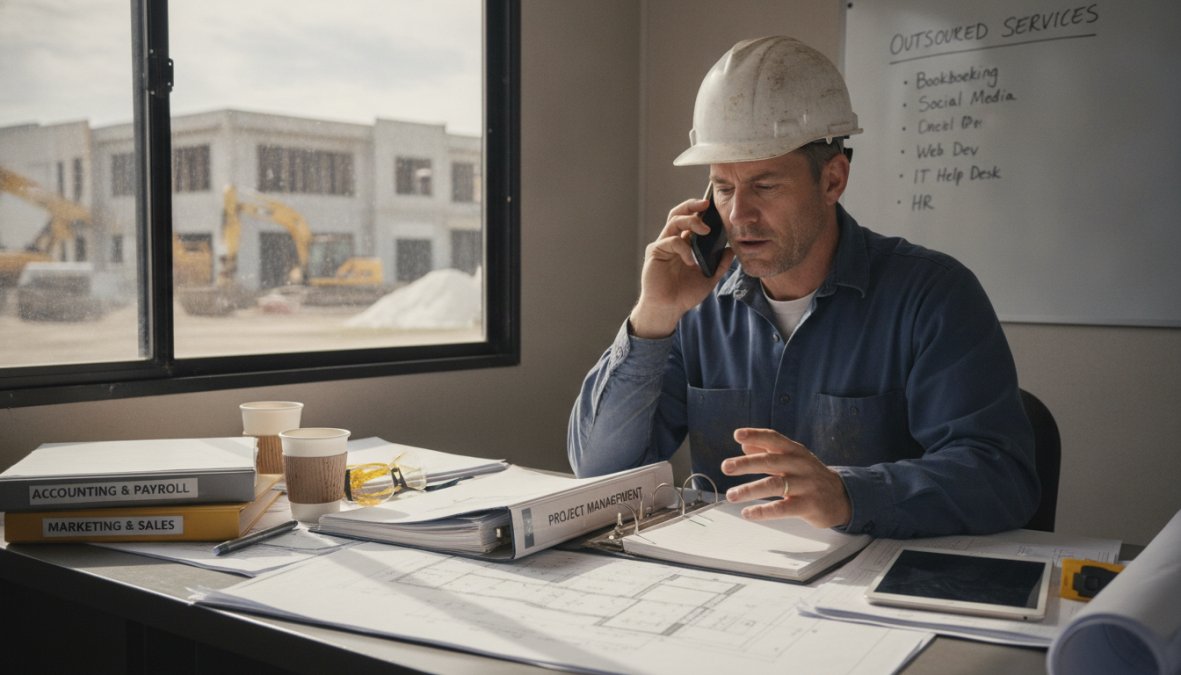 A contractor wearing a hard hat reviews printed job documents at a job site trailer desk while speaking on a mobile phone, afternoon sunlight streaming through a small window, suggesting active coordination between field operations and remote office support