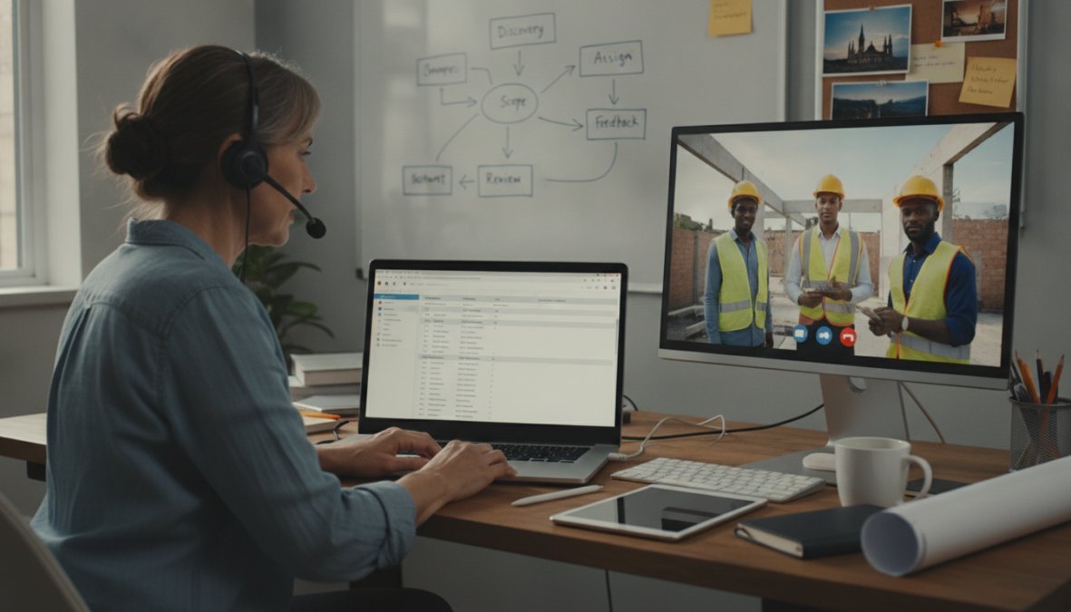 A small business owner sits at a home office desk with two monitors, one displaying project management software with task lists and the other showing an active video call with a remote team member, warm desk lamp lighting, papers and a coffee mug visible in the foreground